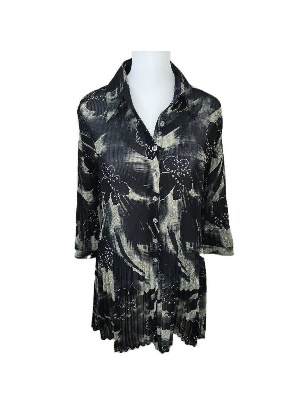 Lindi Black & White Abstract Accordion Pleat Tunic Semi Sheer Top Women's Size S